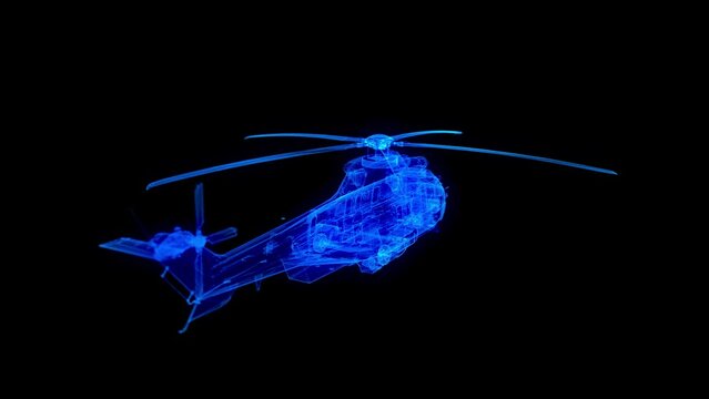 Military helicopter in Motion. 3D Animation on a black background with a seamless loop for futuristics projects