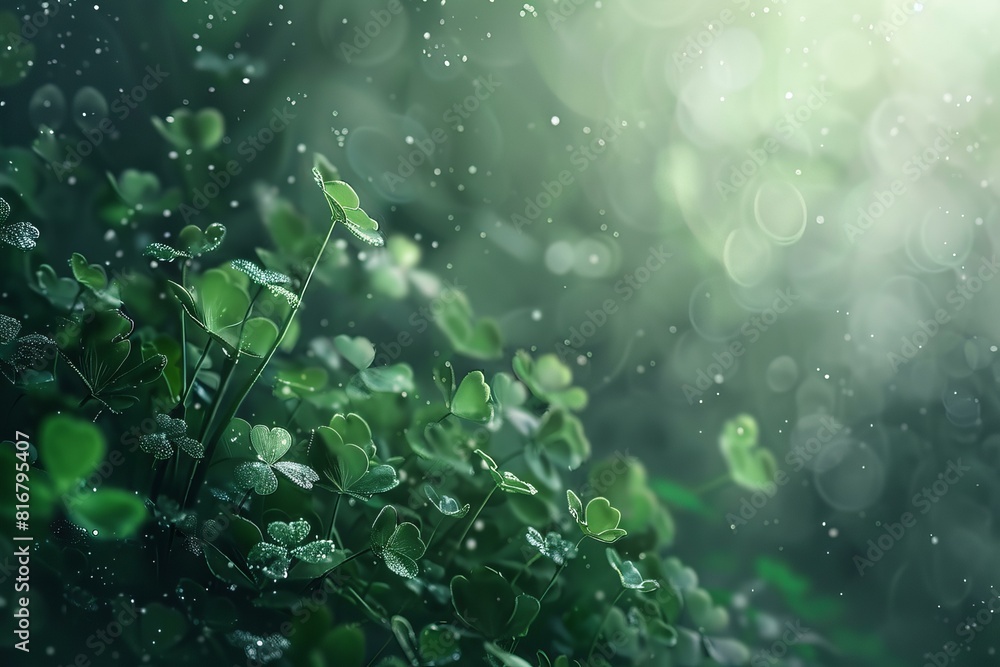 Poster magical view of clover leaves covered in dew drops with a dreamy bokeh effect