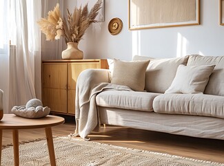Cozy living room interior with a designed beige sofa, wooden sideboard and elegant personal accessories in the home decor
