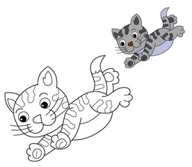 cartoon scene with farm ranch cat animal domestic running jumping isolated background with colorful preview illustration for children