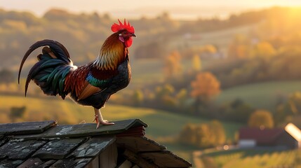 Majestic rooster on a roof at sunrise, rural landscape behind. Countryside morning scene with a colorful cockerel. Vibrant farm life moment captured. AI