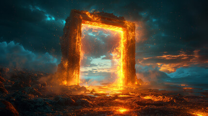 Title: Enchanted Gateway: Ancient Greek Doorframe Portal Amidst Nighttime Ruins