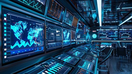 Obraz premium A room filled with numerous screens and monitors displaying data and surveillance footage, creating a high-tech control center atmosphere