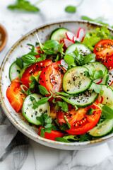 Fresh Salad with Vibrant Vegetables. A beautifully presented garden salad featuring sliced cucumbers, tomatoes, red onions, and fresh greens, drizzled with olive oil and seasoned with black pepper.