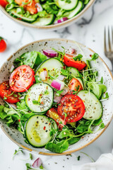 Fresh Salad with Vibrant Vegetables. A beautifully presented garden salad featuring sliced cucumbers, tomatoes, red onions, and fresh greens, drizzled with olive oil and seasoned with black pepper.