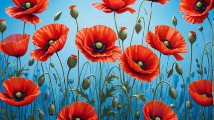  vibrant red poppy flowers set against a serene blue background. The rich red hues of the poppies contrast beautifully with the calming blue backdrop