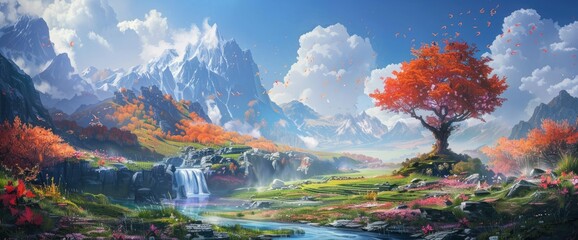 A Fantasy Game Landscape With Mountains, Forests And Rivers, A Big Orange Tree In The Foreground, A Small Waterfall Flowing Into An Idyllic Valley Full Of Flowers   