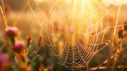 Intricate nature designs captured in morning light on spider web covered in dew droplets.