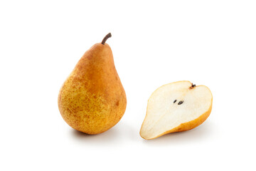 Whole and half of pear isolated on white background with clipping path..