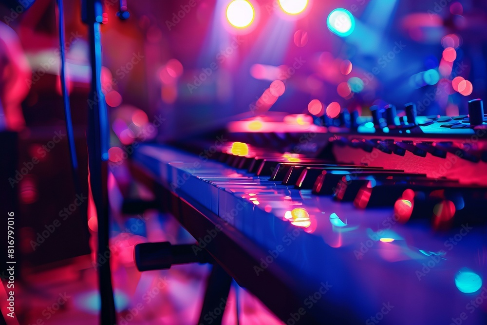 Poster closeup of a synthesizer keyboard with glowing leds during a nighttime music performance