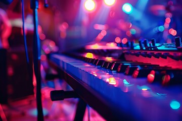 Closeup of a synthesizer keyboard with glowing leds during a nighttime music performance