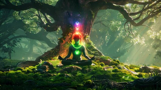 A meditating man silhouette, with luminous chakras, under a green tree