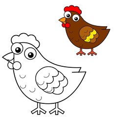 Cartoon happy farm animal cheerful hen chicken bird running isolated background with colorful preview with sketch drawing illustration for children
