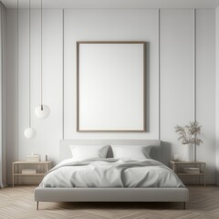 Frame mockup, single vertical ISO A paper size, reflective glass, mockup white poster on the wall of bedroom. Interior mockup. Apartment background. Modern interior design. 3D renderedit