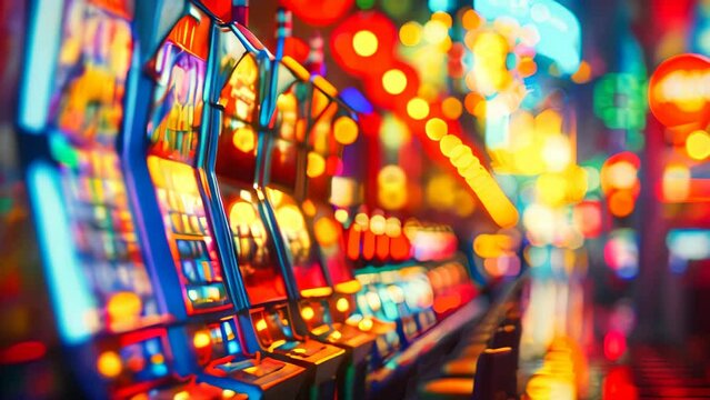 A casino with rows of slot machines illuminated by colorful lights