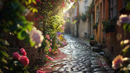 Old cobblestone road with flowers in bloom