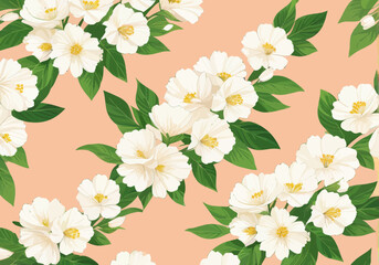 a pink background with white flowers and green leaves