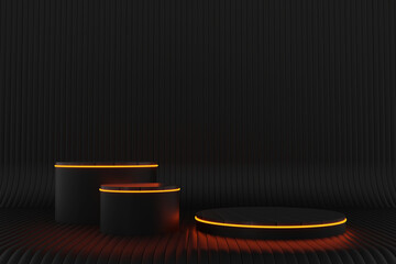 3d abstract podium. Black geometric platform. Red neon light. 3D rendering.