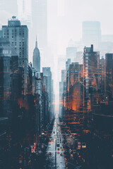 Cityscape transforming from analog to digital, pixelating into futuristic skyline.