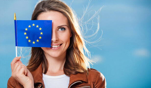 Mature woman with flag of European Union on color background - Powered by Adobe