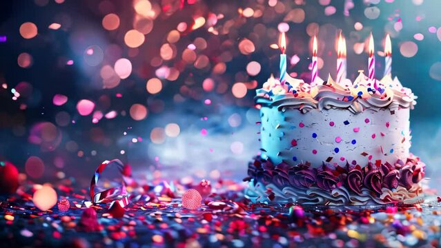 A birthday cake with candles on blurred background