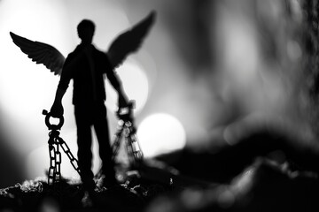 Fototapeta premium A statue of an angel holding a chain. Ideal for religious and spiritual concepts
