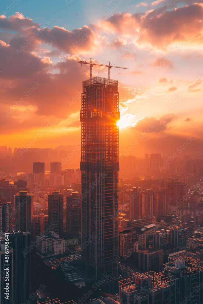 Poster dynamic timelapse of constructing skyscraper from dawn to dusk in bustling city