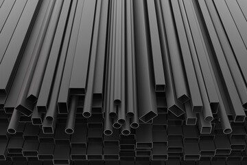 Fototapeta premium Black steel products. Metal steel products. Steel galvanized. Stainless steel profiles. 3D rendering.