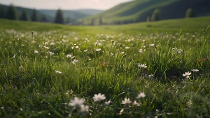 Some beautiful spring meadows wildflowers and mountains landscape. Beautiful scenic landscape background.