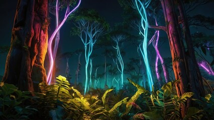 Fototapeta premium A vibrant, futuristic landscape stretched out before the viewer, showcasing lush, otherworldly vegetation in a state of harmonious growth and technology