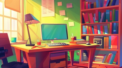 Desk, computer, books on shelf, modern illustration of a home or office workstation with desk, monitor, keyboard, lamp, paper notes and a teacup.
