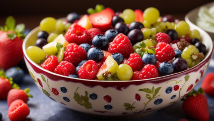 A bowl of fruit salad with strawberries, blueberries, raspberries, kiwi, and melon.