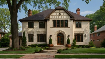 an early 20th century mediterranean style house with center entry in Shaker Heights, Ohio