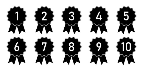 Ranking medal icon set in black color. Award logotype vector set in black color. From 1st place to 10th place. Achievement and award icon set. Vector illustration.