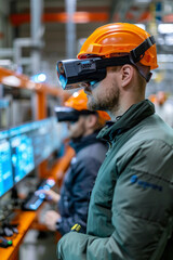 Technicians using interactive AR interface in high-tech factory