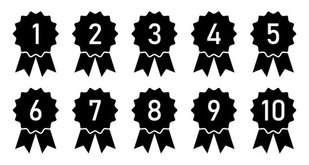 Ranking, medal, ribbon vector icon set in black color. Set of 1st place to 10th place ranking medal vector illustration. Set of ranking medal badges, labels. Achievement and award icon set.  