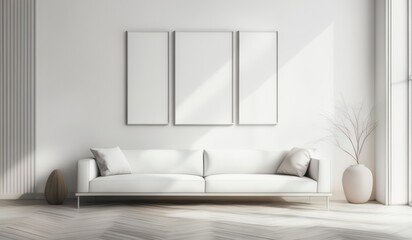 Fototapeta premium Frame mockup, ISO A paper size. Living room wall poster mockup. Interior mockup with house background. Modern interior design. 3D render