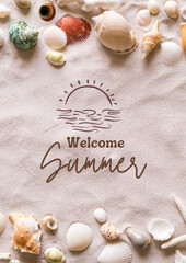 Summer time vector banner design with white circle for text and colorful beach elements in white...