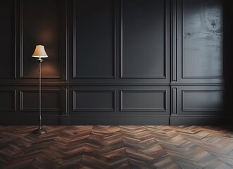 dark empty room with dark wall and floor lamp, black walls, classic interior design, 