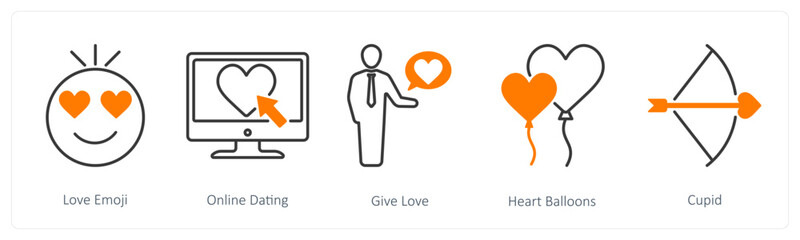 A set of 5 Love and Romance icons as love emoji, online dating, give love