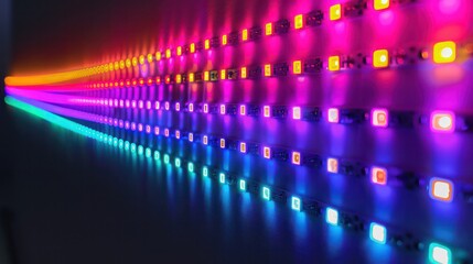 A long line of colorful lights that are arranged in a rainbow pattern