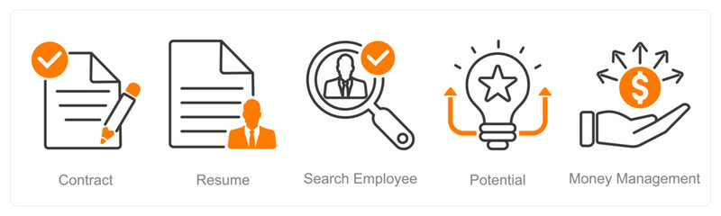 A set of 5 recruitment icons as contract, resume, search employee, potential