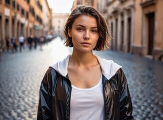 Fototapeta premium Portrait of a young girl with short hair on the street of the old town