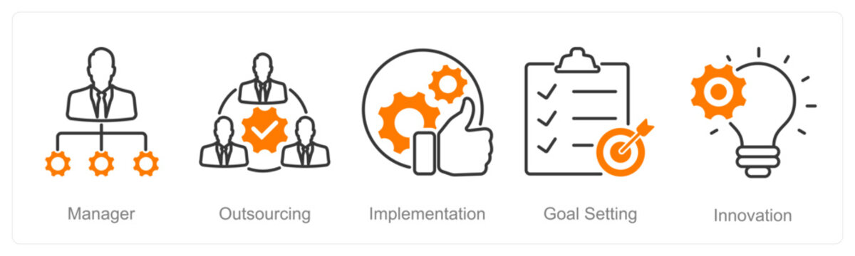A set of 5 Project Management icons as manager, outsourcing, implementation