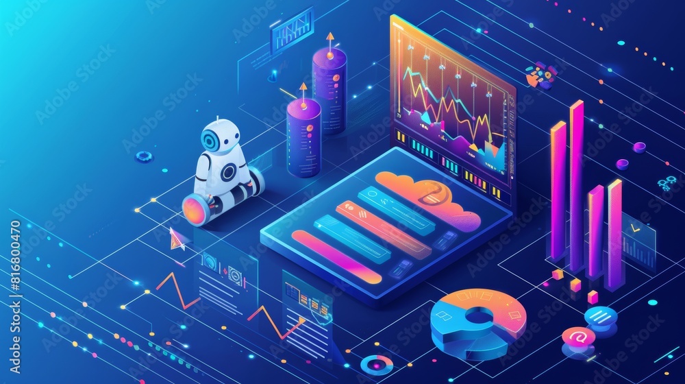 Poster a banner for a keyword research tool with a blue background and a line art graph of data analysis an
