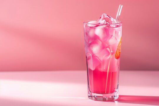 Elegant tall glass of pink drink with ice cubes and straw on a soft pink backdrop