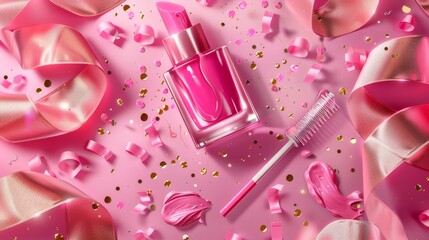 The manicure studio brand poster is an illustration of nail polish in an open glass bottle, a brush with pink lacquer and a nail file with silk ribbon and golden confetti on a promo banner.
