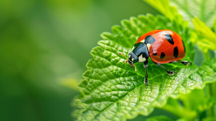 Naklejka premium A Ladybug on a green leaf