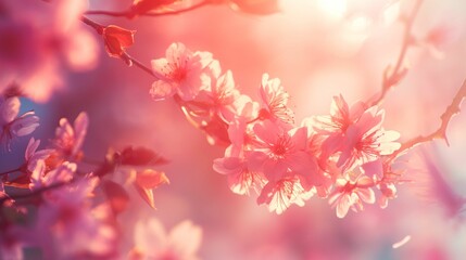 Blossoming pink cherry flowers under a radiant sunset.