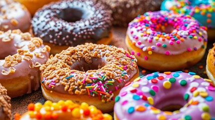 Assorted colorful doughnuts with various toppings.